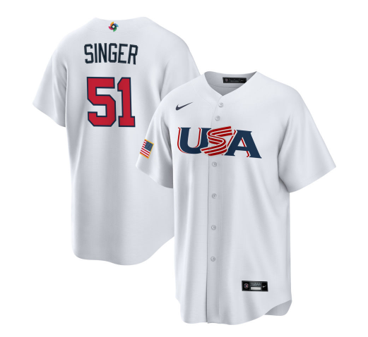 Men's USA Baseball #51 Brady Singer 2023 White World Baseball Classic Replica Stitched Jersey Men's USA Baseball #51 Brady Singer 2023 White World Baseball Classic Replica Stitched Jersey